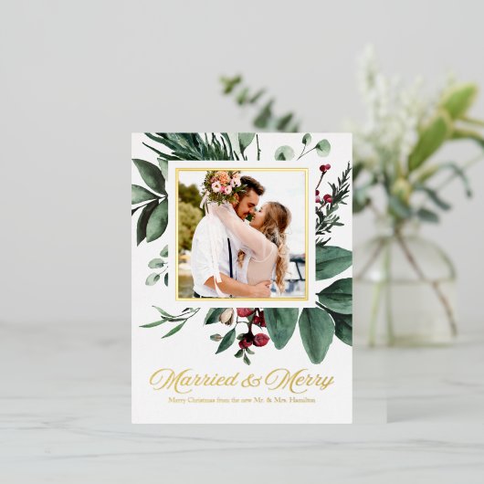 Gehuwd en vrolijk Pas getrouwd met kerstmis Folie Feestdagen Briefkaart (Staand Voorkant)