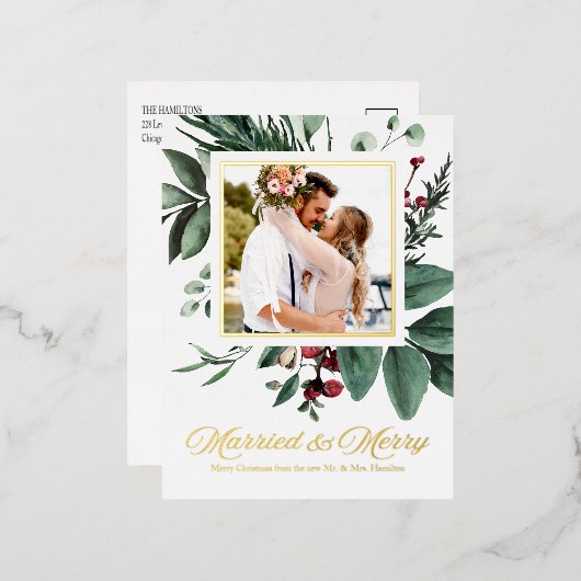 Gehuwd en vrolijk Pas getrouwd met kerstmis Folie Feestdagen Briefkaart (Voorkant / Achterkant)