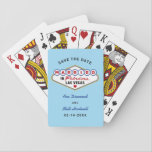 Gehuwd in Fabulous Vegas Wedding Save the Date Pokerkaarten<br><div class="desc">Verraad je Vegas bruiloft in stijl! Deze leuke bruiloft "Gehuwd in Fabulous Las Vegas",  behalve de datum die kaarten speelt,  is voorzien van een monogram van de bruid- en bruinnamen en de toekomstige trouwdatum met een lichtblauwe achtergrond (kan worden gewijzigd). Zwarte,  blauwe,  rode en gele ontwerpkleuren.</div>