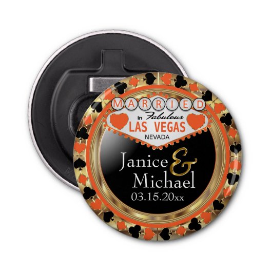 Gehuwd in Las Vegas Style - Oranje Button Flesopener (Voorkant)