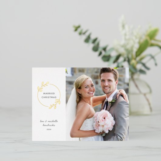 Gehuwd kerstfeest Gold Foil Wreatfoto Folie Feestdagen Briefkaart (Staand Voorkant)
