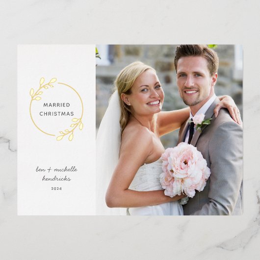 Gehuwd kerstfeest Gold Foil Wreatfoto Folie Feestdagen Briefkaart (Voorkant)