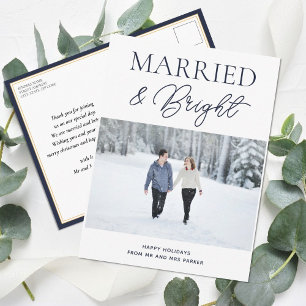 Gehuwd met Bright Blue Script Modern Foto Kerstmis Feestdagenkaart