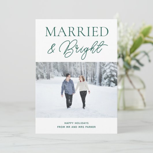 Gehuwd met Bright Groen Script Modern Fotokerstfee Feestdagenkaart (Staand voorkant)