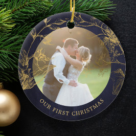 Gehuwd paar foto eerste kerstelegant keramisch ornament