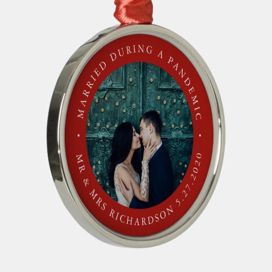 Gehuwd tijdens pandemie | Rood met foto Metalen Ornament (Rechts)