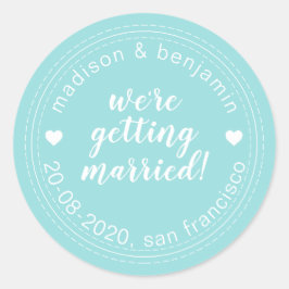 Gehuwd worden Opslaan Datum Turquoise Blue Ronde Sticker
