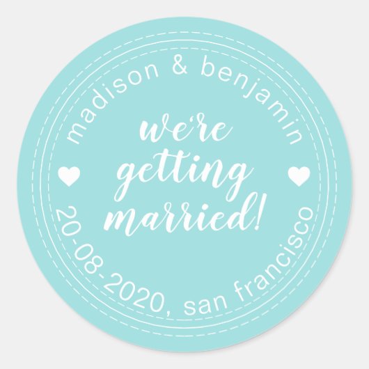 Gehuwd worden Opslaan Datum Turquoise Blue Ronde Sticker (Voorkant)