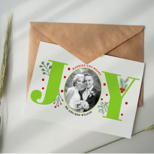 Gehuwde en groene kalk met JOY-kerstfoto Briefkaart