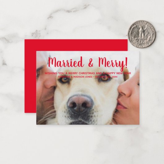 Gehuwde en Merry rode tekst op aangepaste foto Ker Notitiekaartje (Voorkant / Achterkant in situ)