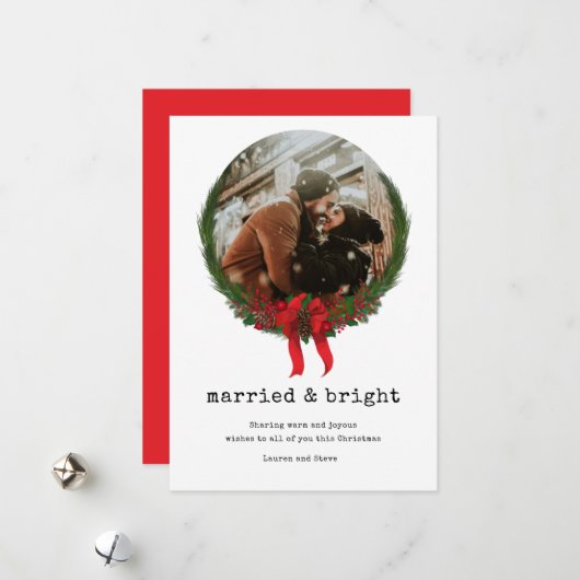 Gehuwde, heldere Pas getrouwd voor eerste kerstmis Feestdagenkaart (Voorkant / Achterkant in situ)