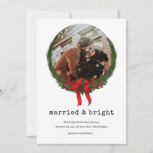 Gehuwde, heldere Pas getrouwd voor eerste kerstmis Feestdagenkaart (Voorkant)