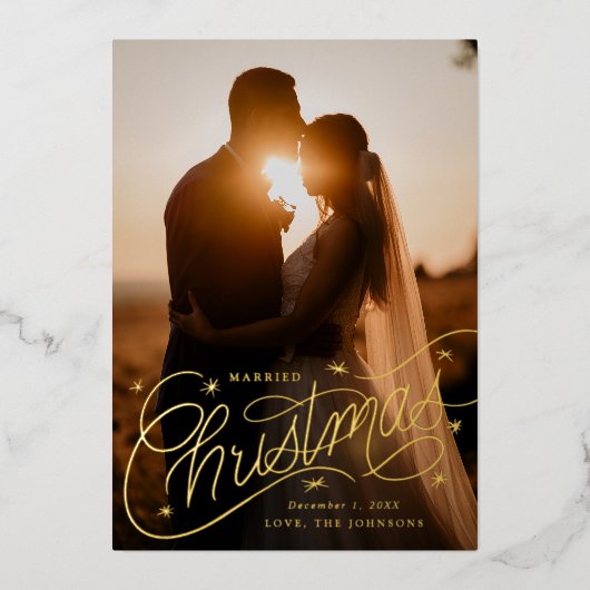 Gehuwde kerstfoto met brieftering folie feestdagenkaart (Voorkant)