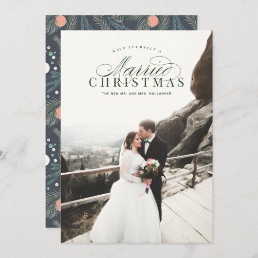 Gehuwde kerstPas getrouwd Fotokaart Groen Feestdagenkaart (Voorkant / Achterkant)