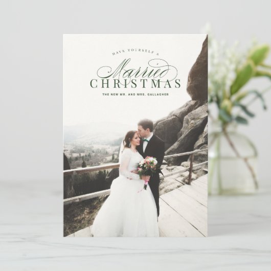 Gehuwde kerstPas getrouwd Fotokaart Groen Feestdagenkaart (Staand voorkant)