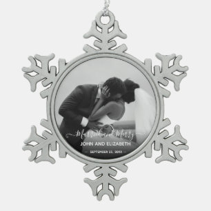 Gehuwde Merry Passen getrouwd Black White Foto Tin Sneeuwvlok Ornament