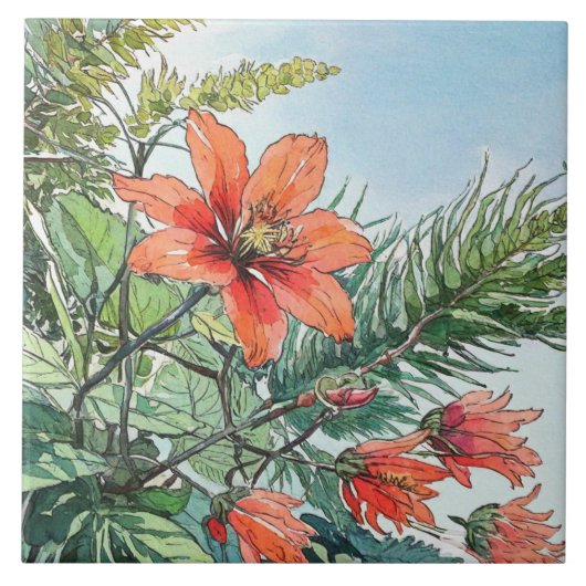 Geïllustreerd Aquarel Botanisch Oranje Bloemmotief Tegeltje (Voorkant)