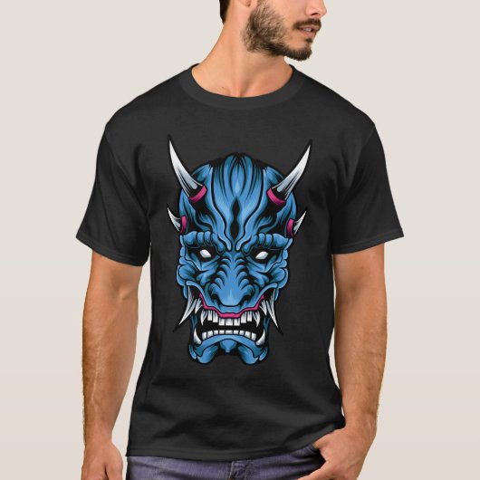 Geïllustreerd Blauw Oni Duivel T-Shirt (Voorkant)