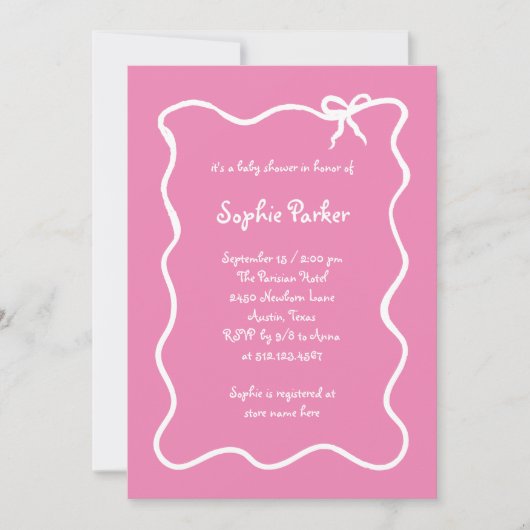 Geïllustreerd Frans Bow Roze en Wit Baby shower Kaart (Voorkant)