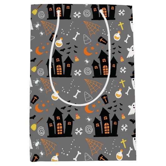 Geïllustreerd Halloween Patroon met grijs, zwart Medium Cadeauzakje (Voorkant)