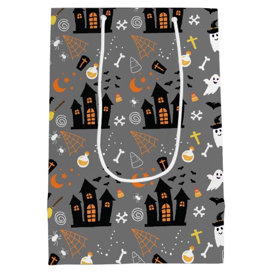 Geïllustreerd Halloween Patroon met grijs, zwart Medium Cadeauzakje (Achterkant)