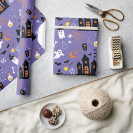Geïllustreerd Halloweenpatroon met paars Cadeaupapier