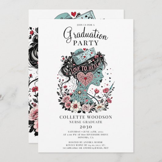 Geïllustreerd Nurse Floral Afstuderen Kaart (Voorkant / Achterkant)