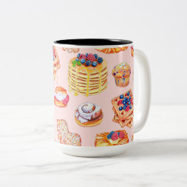 Geïllustreerd Ontbijt Sweet Treats in Retro stijl Tweekleurige Koffiemok