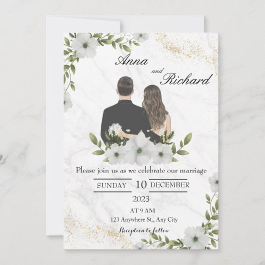 Geïllustreerd Paar & Witte Bloemen Kaart (Voorkant)