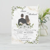 Geïllustreerd Paar & Witte Bloemen Save The Date (Staand voorkant)