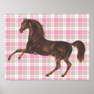   geïllustreerd paard op Pink Plaid Art Poster