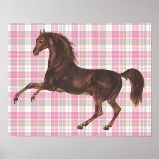   geïllustreerd paard op Pink Plaid Art Poster (Voorkant)
