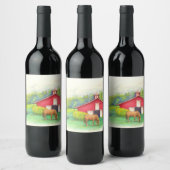 Geïllustreerd Paard Rode Schuur en Zonnebloem Wijn Etiket (Flessen)