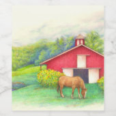 Geïllustreerd Paard Rode Schuur en Zonnebloem Wijn Etiket (Enkel label)