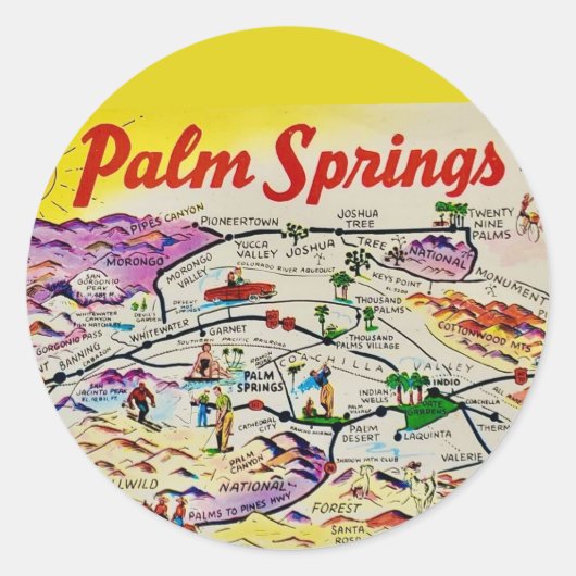 Geïllustreerd Retro Palm Springs  Ronde Sticker (Voorkant)
