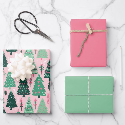 Geïllustreerd roze kerstboom inpakpapier vel (Voorkant)