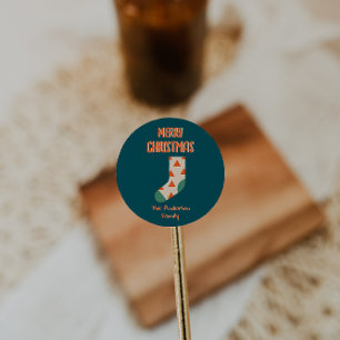 Geïllustreerd Stocking Merry Christmas Ronde Sticker