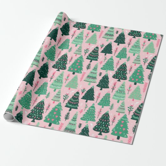 Geïllustreerd Tree Pink Heart Xmas Wrapping Paper Cadeaupapier (Uitgerold)