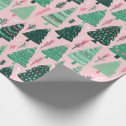 Geïllustreerd Tree Pink Heart Xmas Wrapping Paper Cadeaupapier (Hoek)