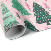 Geïllustreerd Tree Pink Heart Xmas Wrapping Paper Cadeaupapier (Rol Hoek)