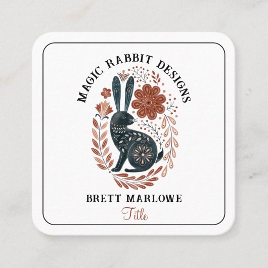 Geïllustreerd Woodland Folk Art Zwart Konijn Vierkante Visitekaartje (Voorkant)