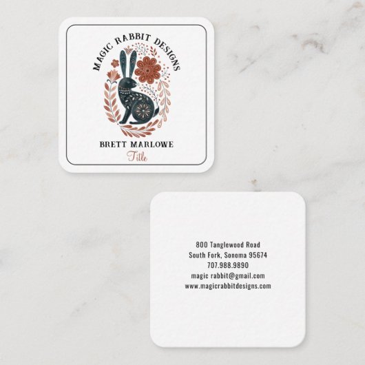 Geïllustreerd Woodland Folk Art Zwart Konijn Vierkante Visitekaartje (Voorkant / Achterkant)