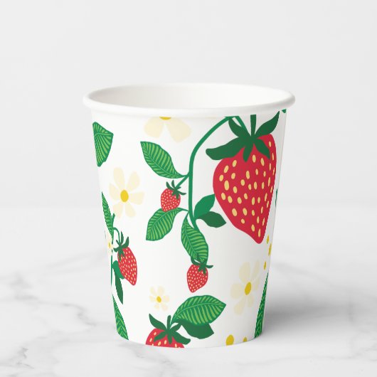 Geïllustreerde aardbei met bladeren en bloesems papieren bekers (Achterkant)