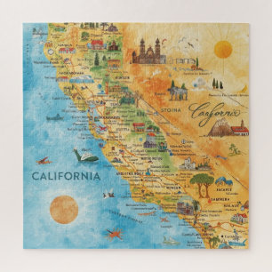 Geïllustreerde aquarelkaartkunst van Californië Legpuzzel