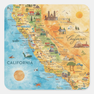 Geïllustreerde aquarelkaartkunst van Californië Vierkante Sticker