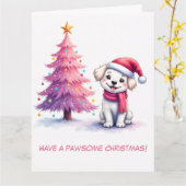 Geïllustreerde Bichon Frisé in Pink Santa Hat Kaart (Gele Bloem)