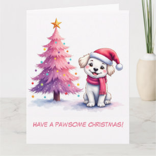 Geïllustreerde Bichon Frisé in Pink Santa Hat Kaart
