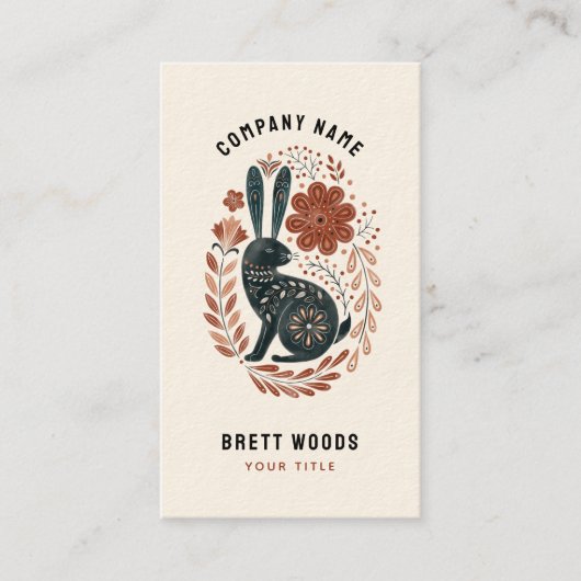 Geïllustreerde Black Rabbit Floral Folk Art Visitekaartje (Voorkant)