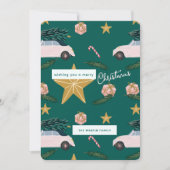 Geïllustreerde Blauwgroen Roze Kerstboom Auto's Va Feestdagenkaart (Voorkant)