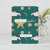 Geïllustreerde Blauwgroen Roze Kerstboom Auto's Va Feestdagenkaart (Staand voorkant)